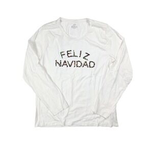 J. Crew Collector Tee White "Feliz Navidad" Long Sleeve Shirt‎ Women's Size L